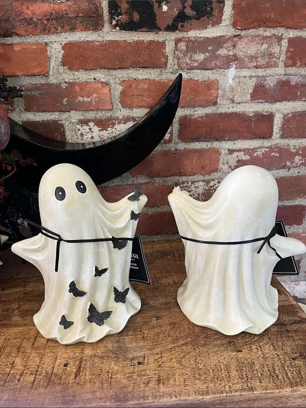 Martha Stewart Pearlescent Cream Ghost Figurines with Black Butterfly Accents